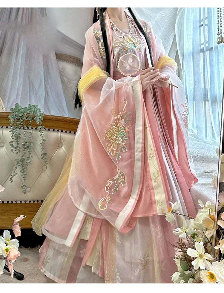 Original waist-length large-sleeved shirt with suspenders, one-piece pleated skirt, embroidered Song Dynasty Hanfu for women