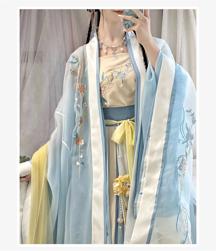Gradient embroidered long-sleeved shirt with suspenders and one-piece waist-length pleated skirt made in Song Dynasty, Hanfu for women