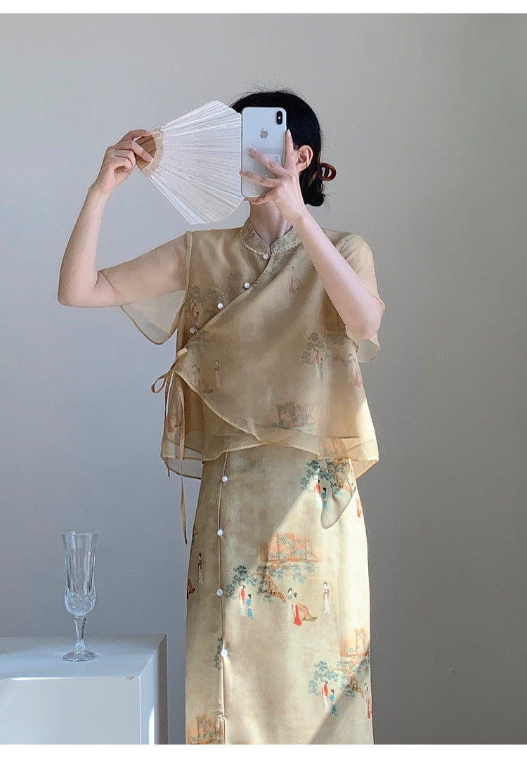 New Chinese style ancient style Hanfu suit for girls, young style, national style buckle top and skirt two-piece set for summer