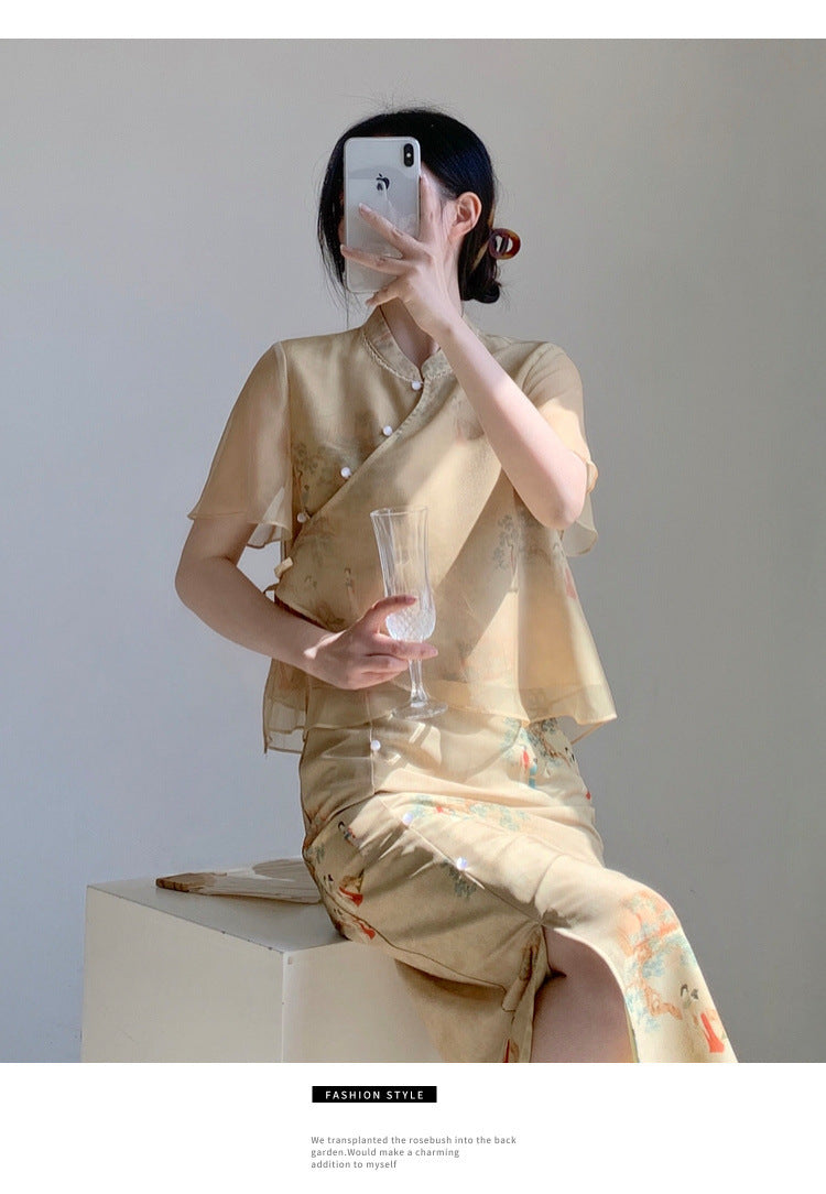 New Chinese style ancient style Hanfu suit for girls, young style, national style buckle top and skirt two-piece set for summer