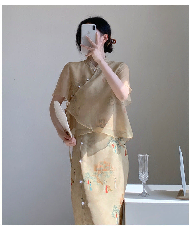 New Chinese style ancient style Hanfu suit for girls, young style, national style buckle top and skirt two-piece set for summer