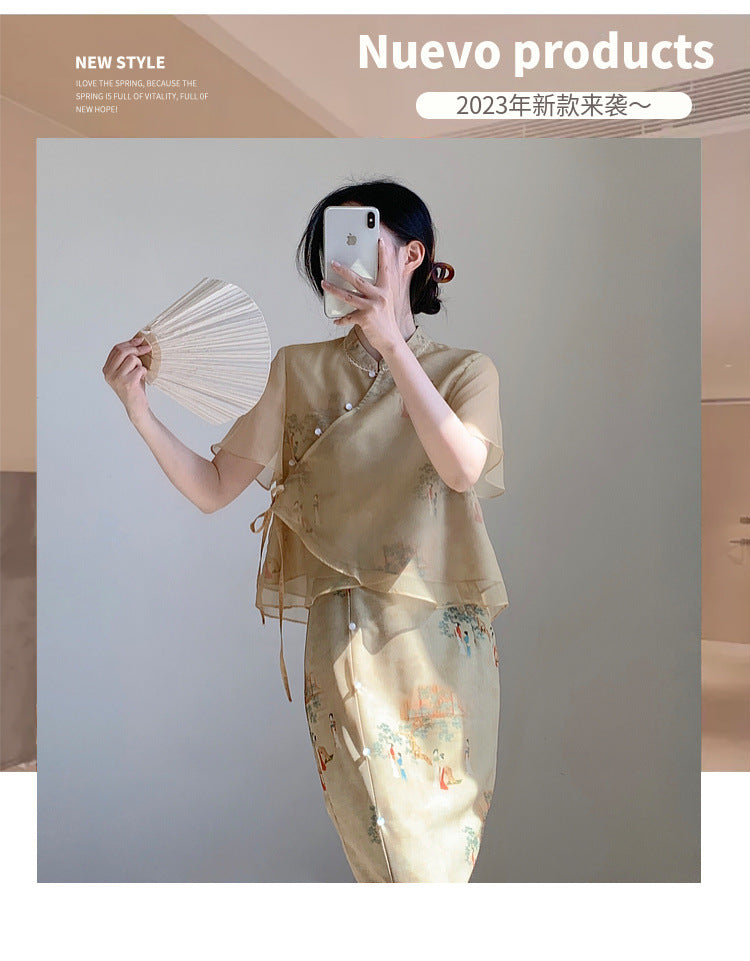 New Chinese style ancient style Hanfu suit for girls, young style, national style buckle top and skirt two-piece set for summer