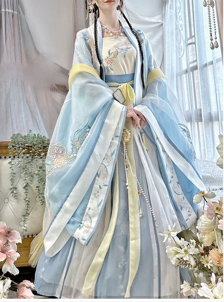 Gradient embroidered long-sleeved shirt with suspenders and one-piece waist-length pleated skirt made in Song Dynasty, Hanfu for women