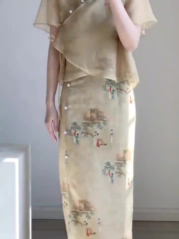 New Chinese style ancient style Hanfu suit for girls, young style, national style buckle top and skirt two-piece set for summer