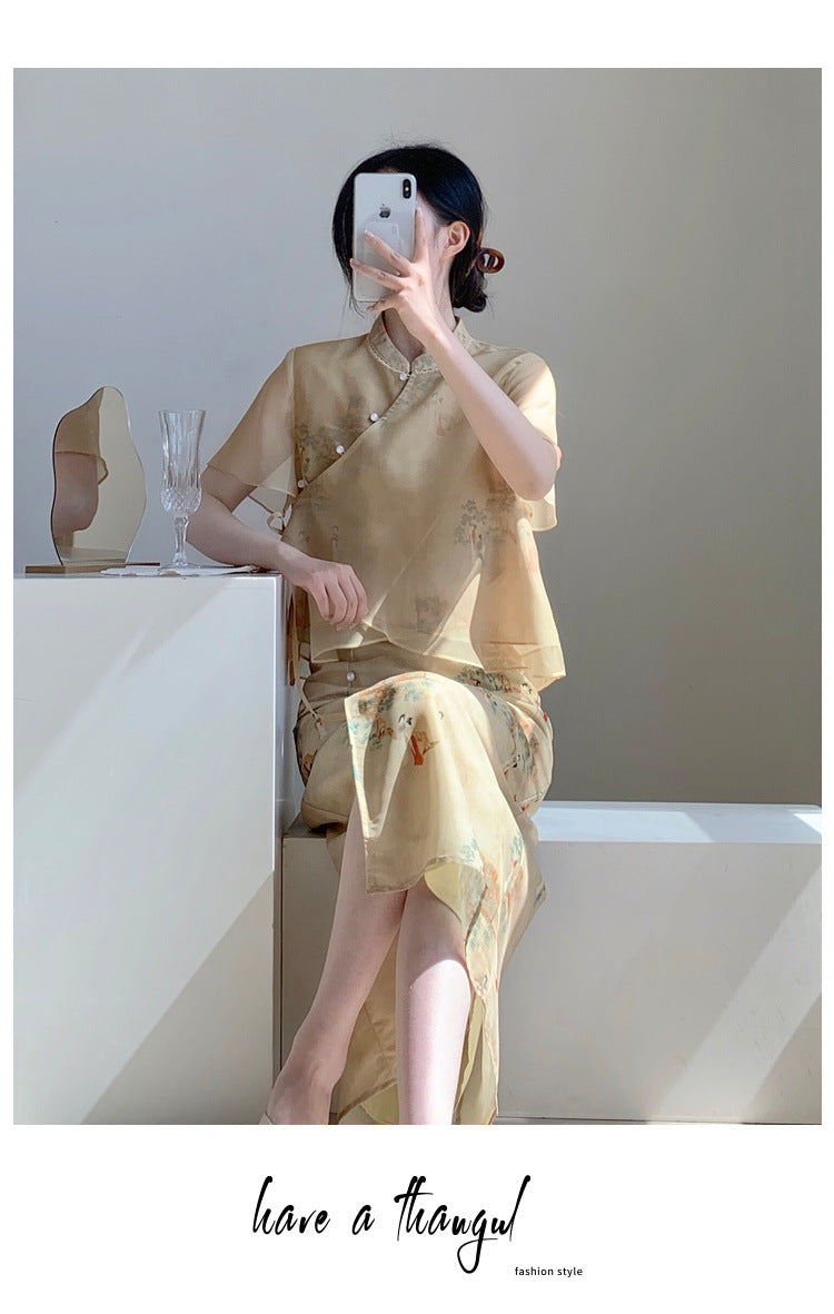 New Chinese style ancient style Hanfu suit for girls, young style, national style buckle top and skirt two-piece set for summer