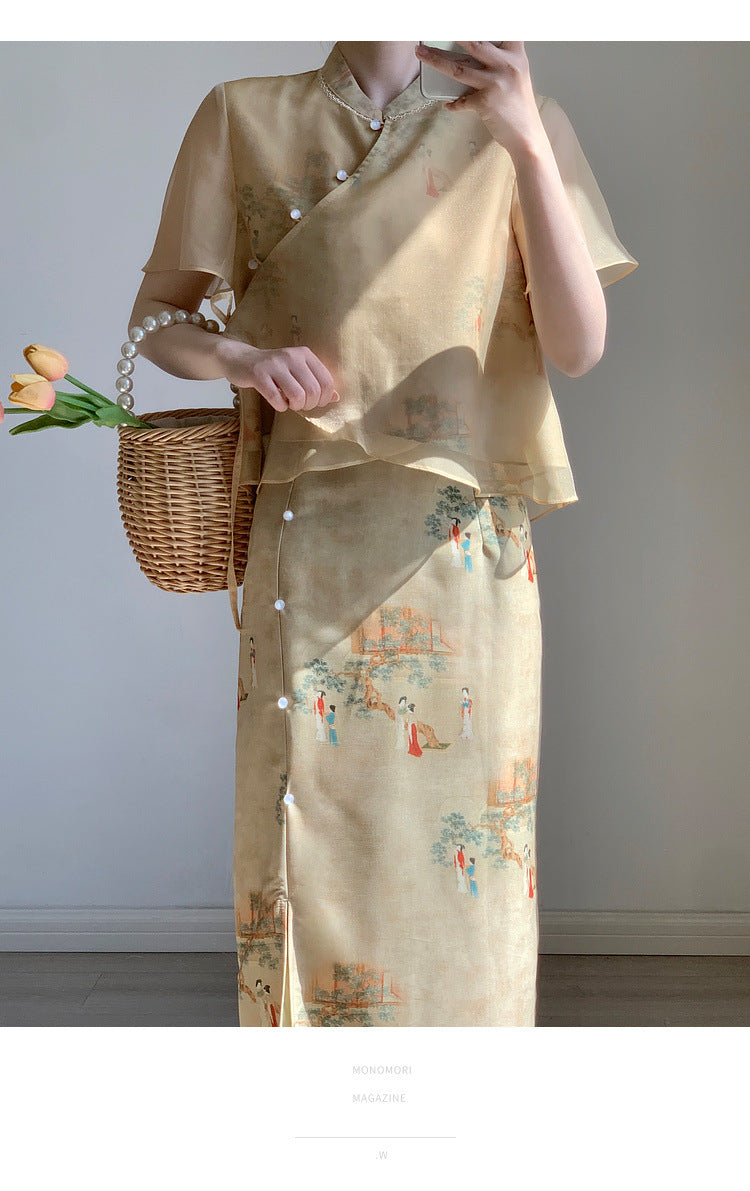 New Chinese style ancient style Hanfu suit for girls, young style, national style buckle top and skirt two-piece set for summer