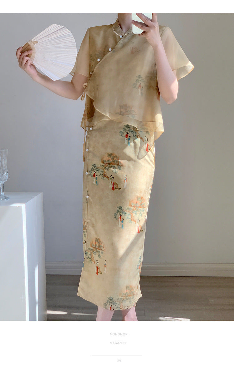 New Chinese style ancient style Hanfu suit for girls, young style, national style buckle top and skirt two-piece set for summer