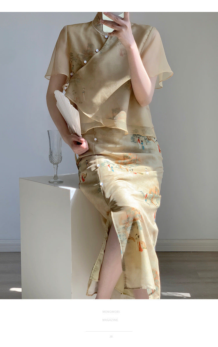 New Chinese style ancient style Hanfu suit for girls, young style, national style buckle top and skirt two-piece set for summer
