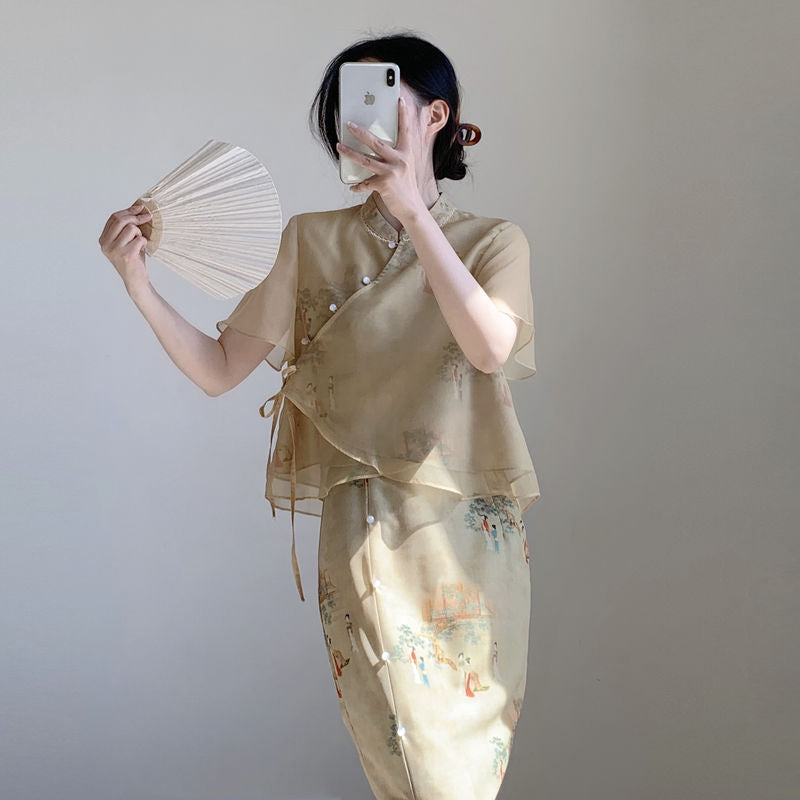 New Chinese style ancient style Hanfu suit for girls, young style, national style buckle top and skirt two-piece set for summer