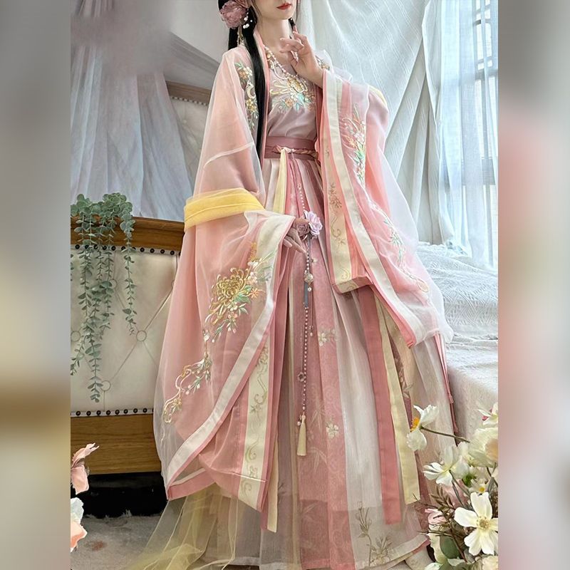 Original waist-length large-sleeved shirt with suspenders, one-piece pleated skirt, embroidered Song Dynasty Hanfu for women