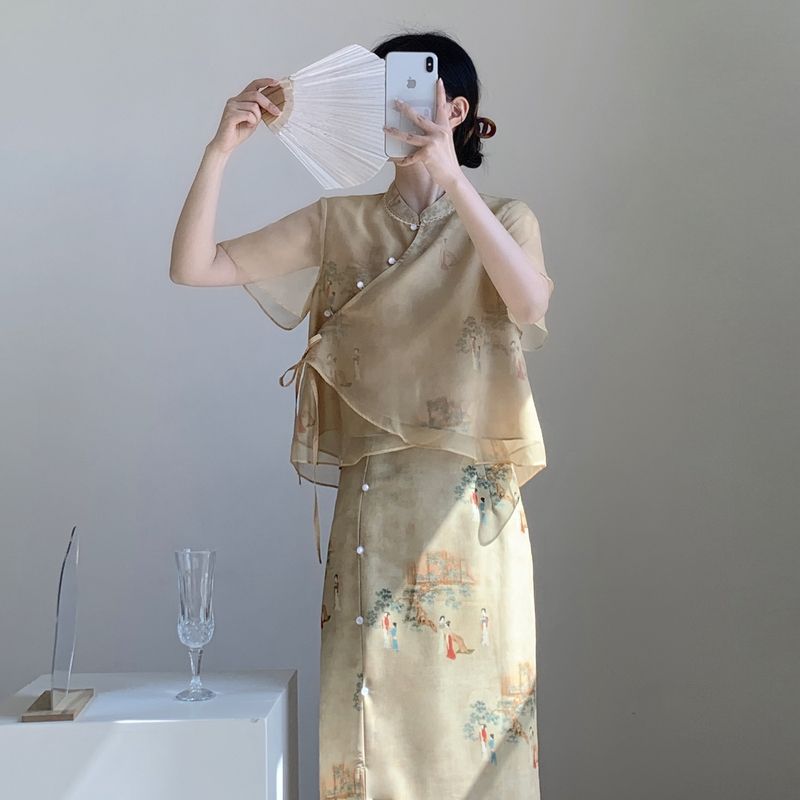 New Chinese style ancient style Hanfu suit for girls, young style, national style buckle top and skirt two-piece set for summer