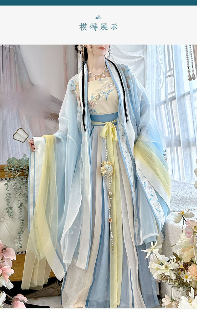 Gradient embroidered long-sleeved shirt with suspenders and one-piece waist-length pleated skirt made in Song Dynasty, Hanfu for women