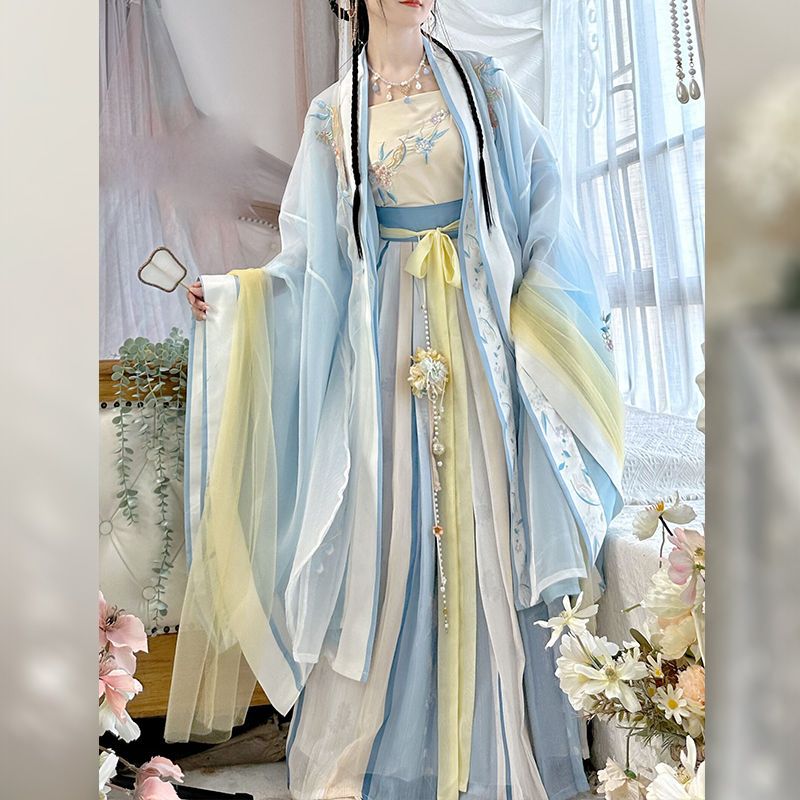Gradient embroidered long-sleeved shirt with suspenders and one-piece waist-length pleated skirt made in Song Dynasty, Hanfu for women