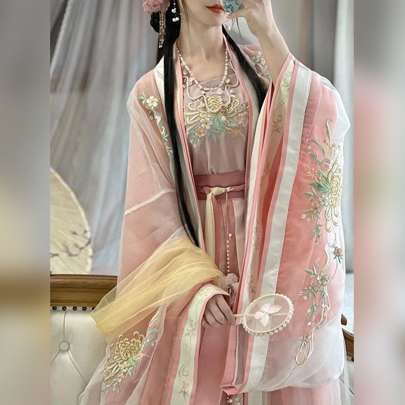 Original waist-length large-sleeved shirt with suspenders, one-piece pleated skirt, embroidered Song Dynasty Hanfu for women