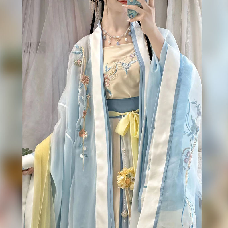 Gradient embroidered long-sleeved shirt with suspenders and one-piece waist-length pleated skirt made in Song Dynasty, Hanfu for women