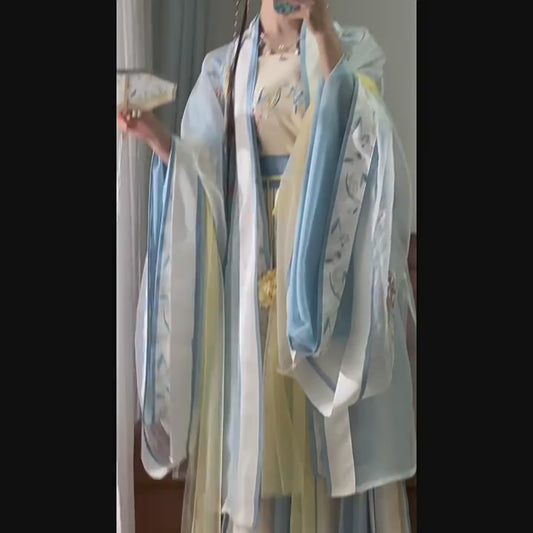 Gradient embroidered long-sleeved shirt with suspenders and one-piece waist-length pleated skirt made in Song Dynasty, Hanfu for women