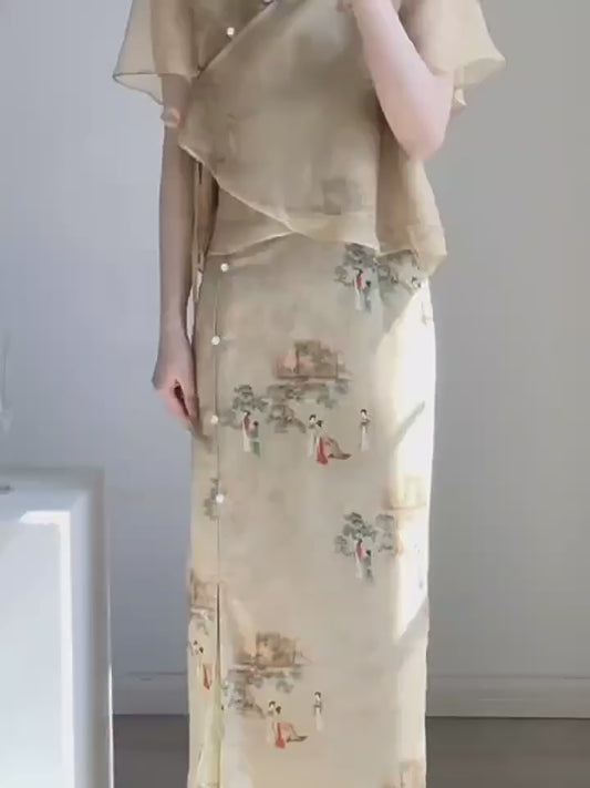 New Chinese style ancient style Hanfu suit for girls, young style, national style buckle top and skirt two-piece set for summer